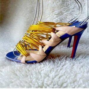 Vintage Frescobaldi Christian Louboutin strappy gold and blue sandals.